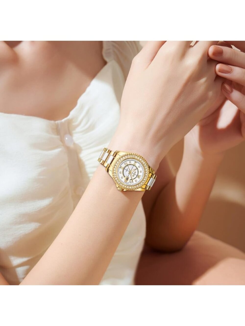Olevs Women's White Dial Skeleton Diamond Gold Automatic Elegant Luxury Watch - Picture 5 of 6